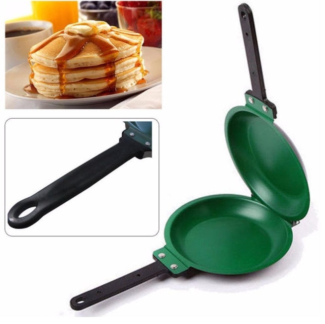 Green double-sided pancake pan with handles, inset showing a stack of pancakes with syrup.