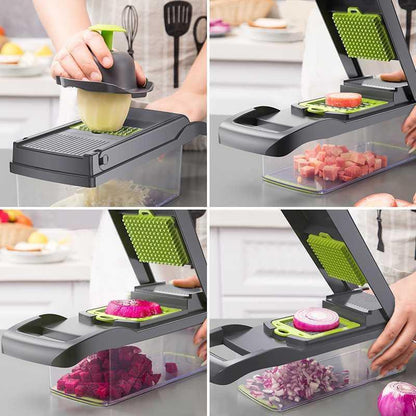 Multifunctional kitchen slicer with various vegetables being sliced on a kitchen counter.