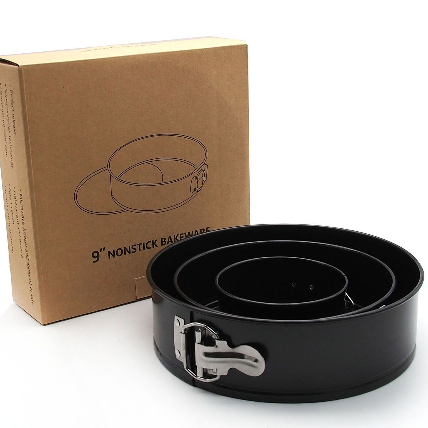 Black nonstick bakeware with a cardboard box on a white background