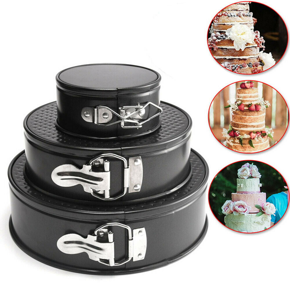Set of three black cake tins with silver clasps, surrounded by images of decorated cakes.