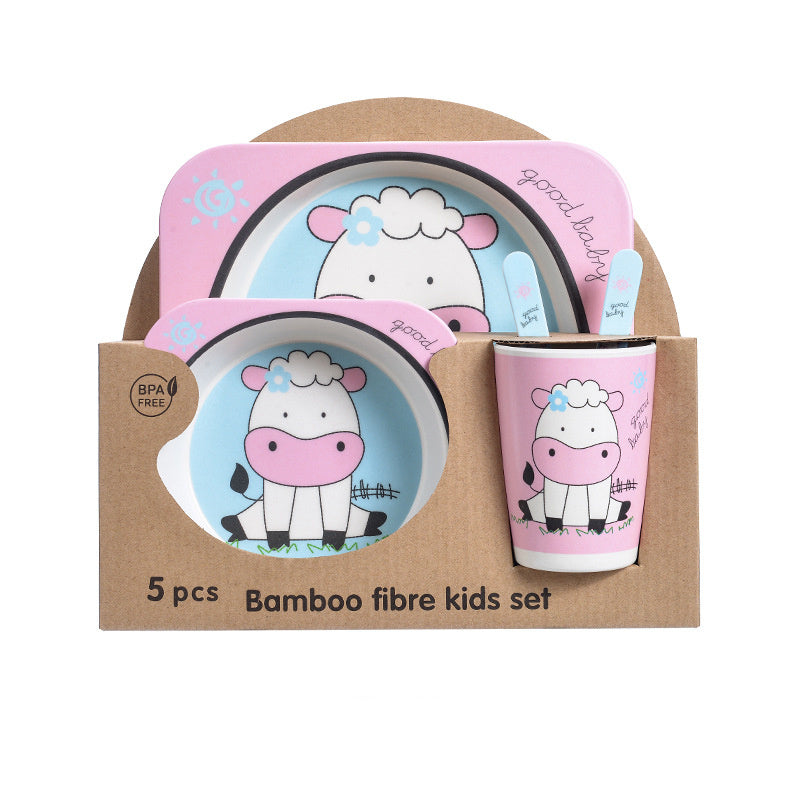 Bamboo fibre kids set with cow design on a cardboard packaging