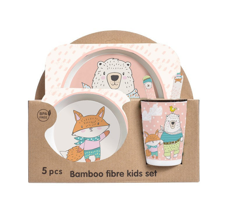 Bamboo fibre kids set with cartoon characters in packaging