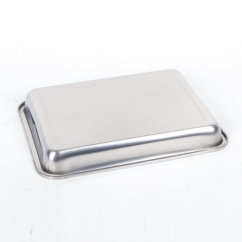 Silver rectangular metal tray on a white background