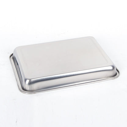 Silver rectangular metal tray on a white background