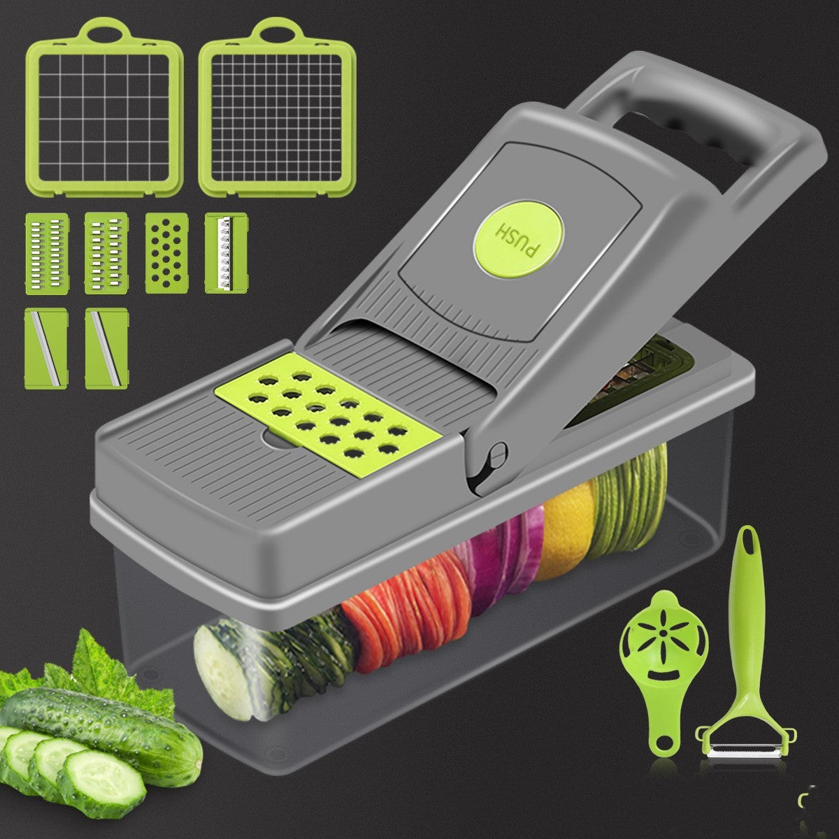 Multifunctional kitchen slicer with various attachments on a dark background