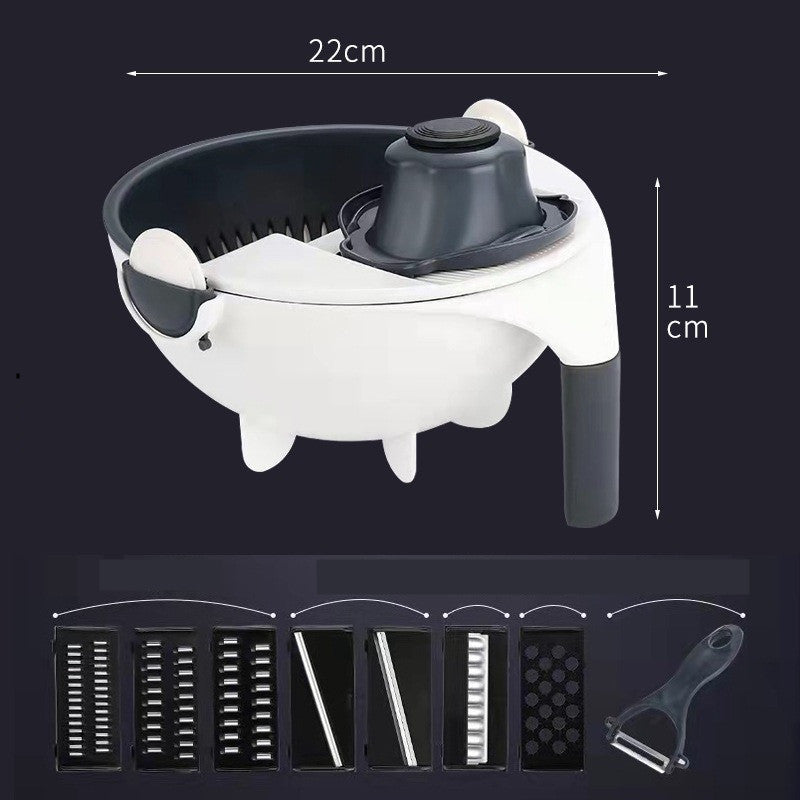 White and black kitchen tool with measurement details on a dark background