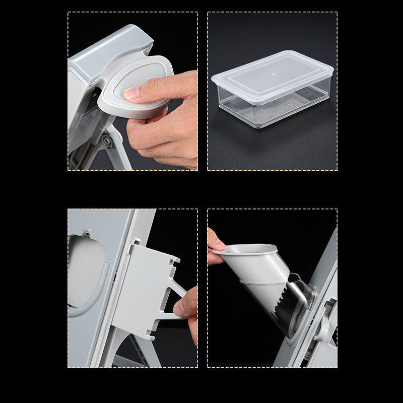 Collage of images showing a kitchen tool with a lid, container, and funnel attachment.