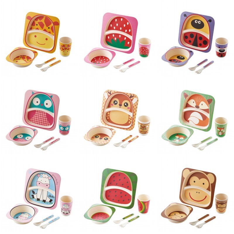 Set of children's tableware with animal-themed containers, bowls, cups, and utensils on a white background.