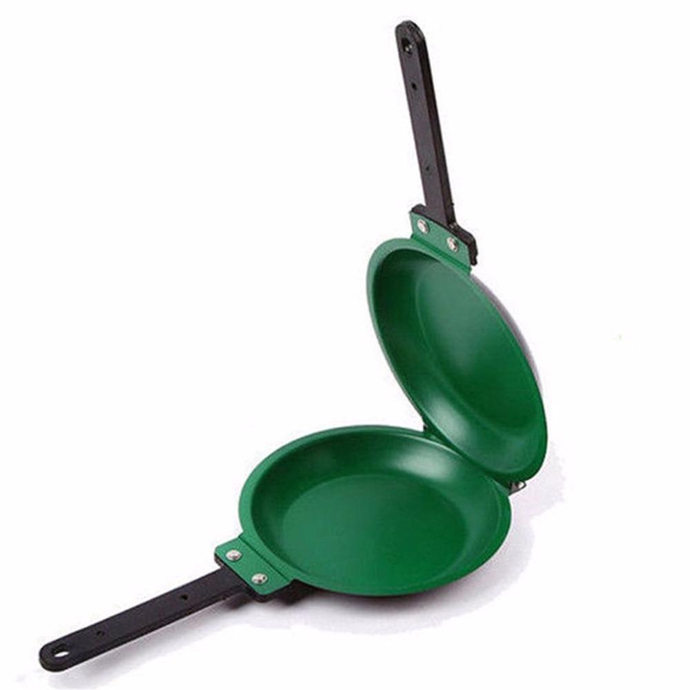Green camping frying pan with lid on a white background