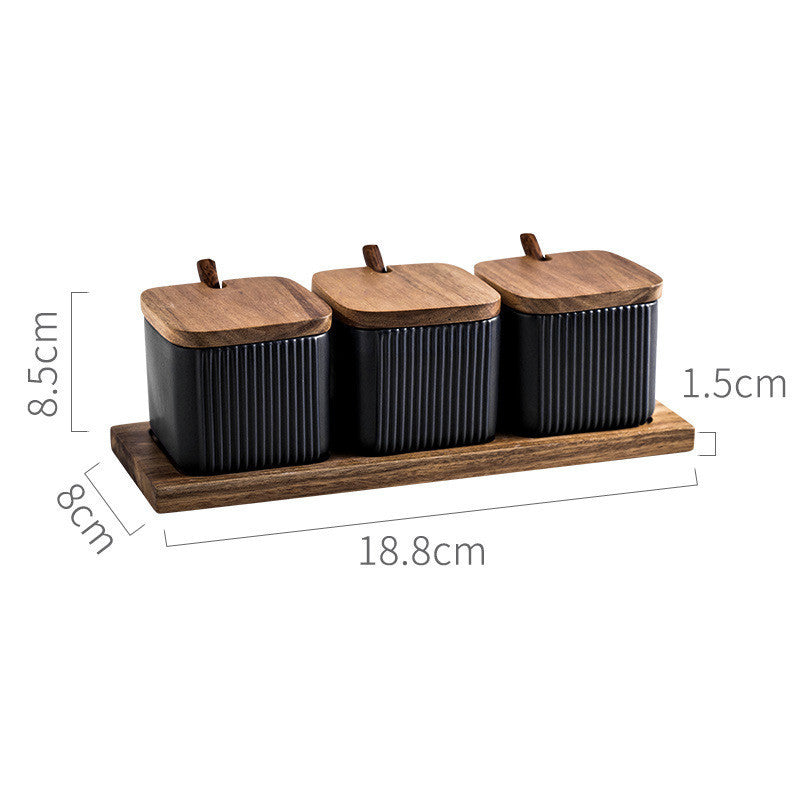 Ceramic Seasoning Jar Set – Household Spice Box with Wooden Lid