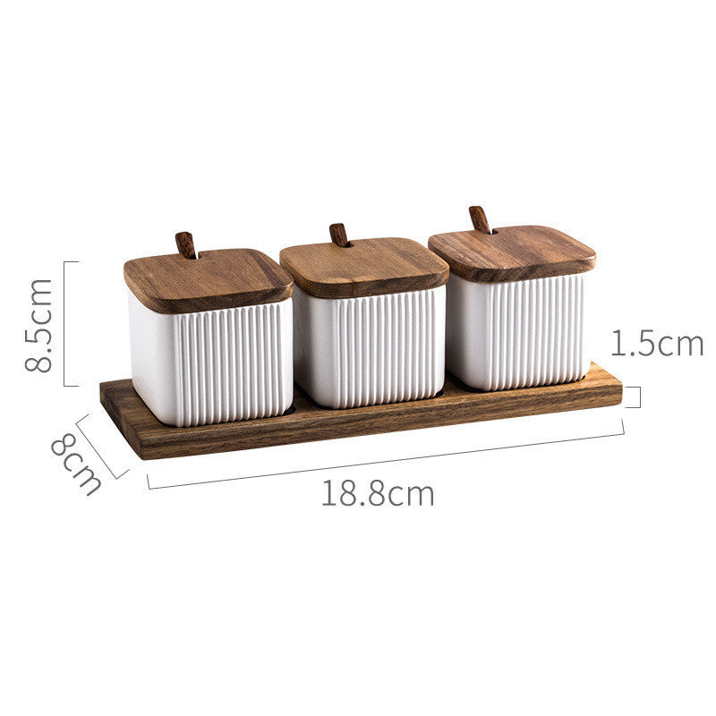 Ceramic Seasoning Jar Set – Household Spice Box with Wooden Lid