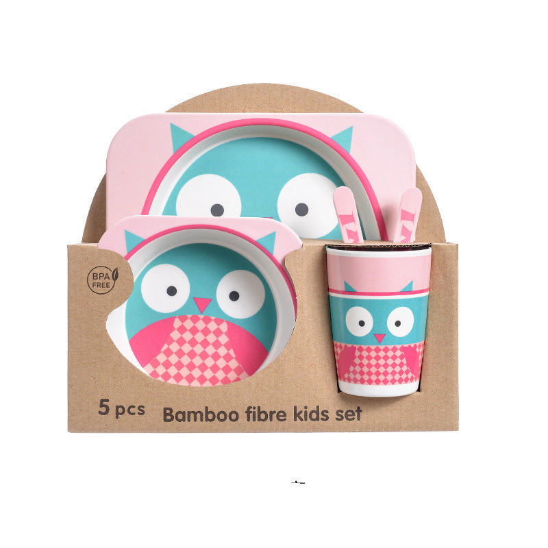 Bamboo fibre kids set with owl design in packaging on a white background