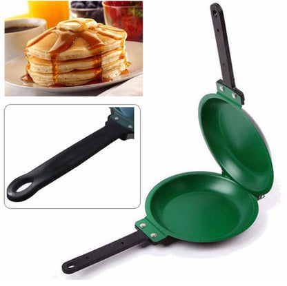 Green double-sided pancake pan with handles, inset showing a stack of pancakes with syrup.