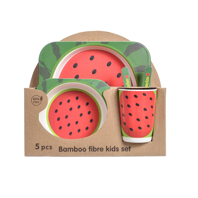 Bamboo fibre kids set with watermelon design packaging on a white background