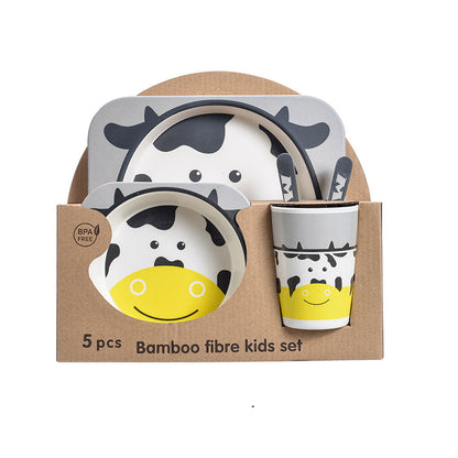 Bamboo fibre kids set with cow design in packaging on a white background