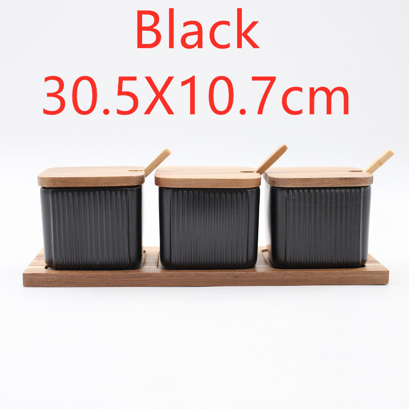 Ceramic Seasoning Jar Set – Household Spice Box with Wooden Lid
