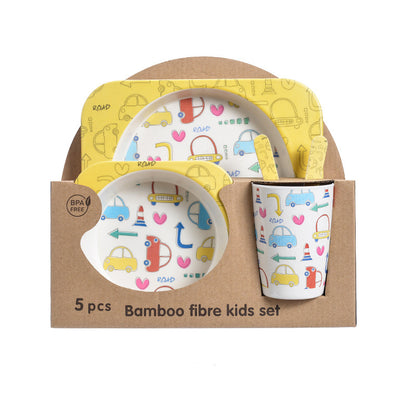 Bamboo fibre kids set with car pattern in packaging