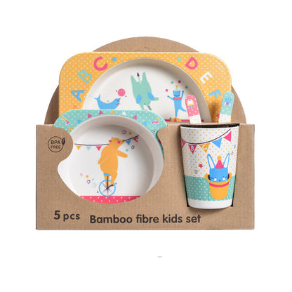 Bamboo fibre kids set with plate, bowl, and cup in packaging on a white background