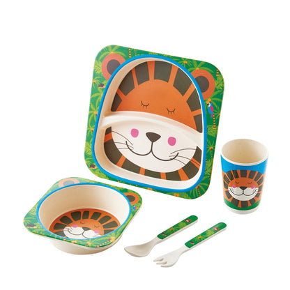 Children's tableware set with lion design on a white background
