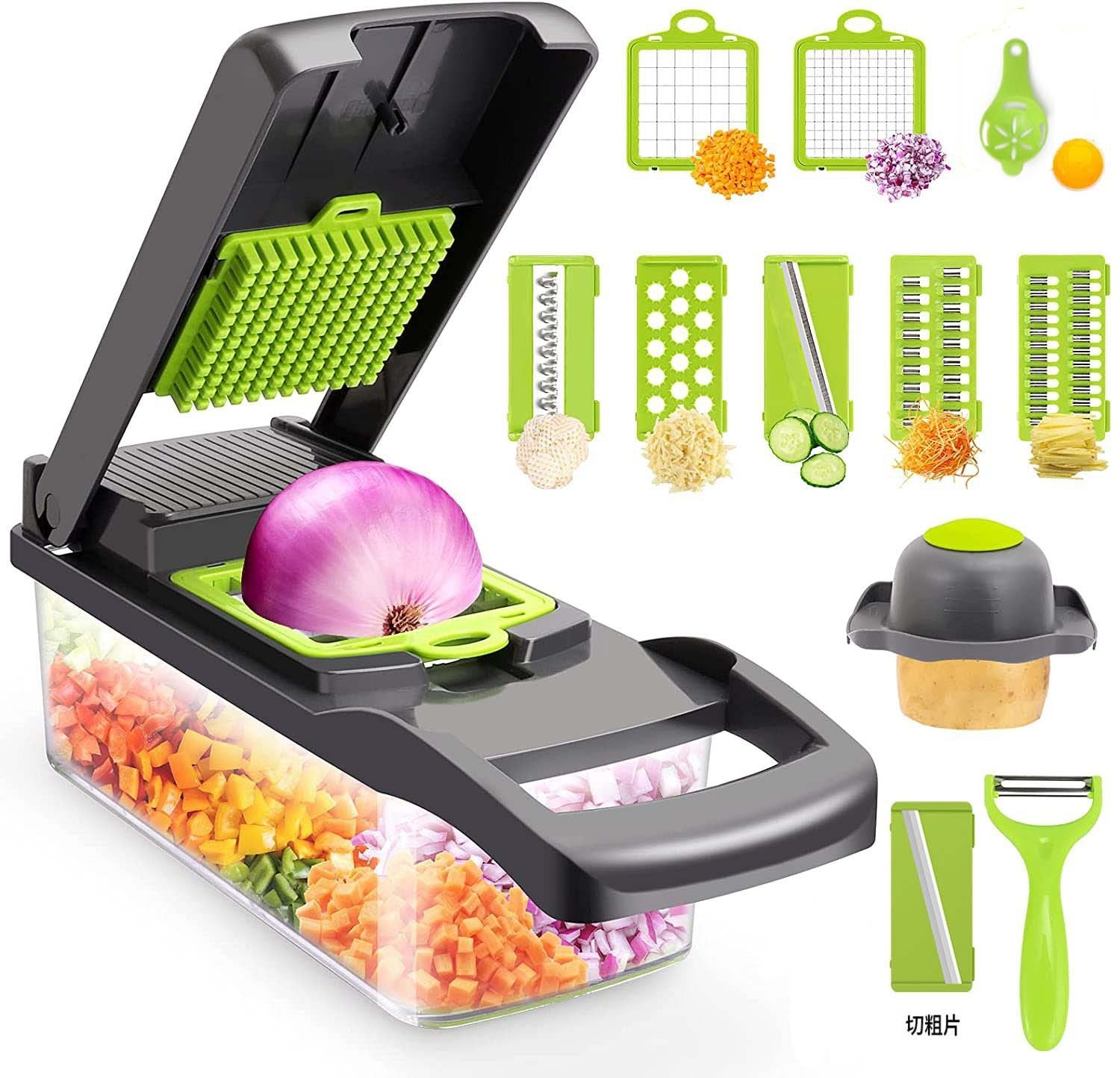 Multifunctional vegetable chopper with various attachments on a white background