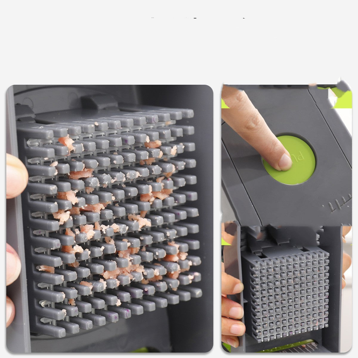 Gray vegetable grater with a green handle, showing both the grating surface and the handle.