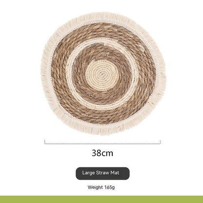 Round straw mat with dimensions and weight information on a white background