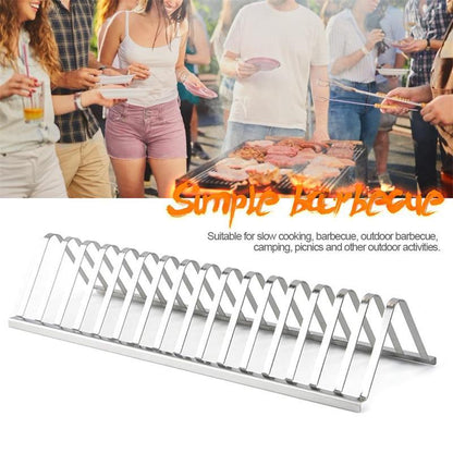 Metal grill with people around it and text 'Simple Barbecue' on a white background