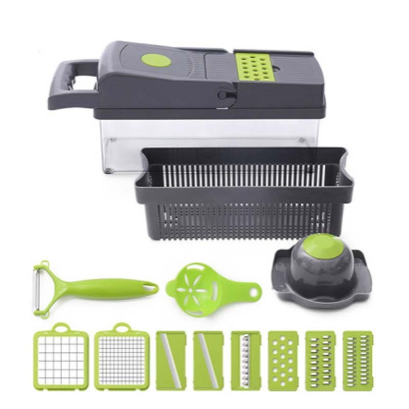 Multifunctional kitchen tool set with various attachments on a white background