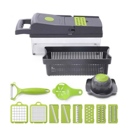 Multifunctional kitchen tool set with various attachments on a white background