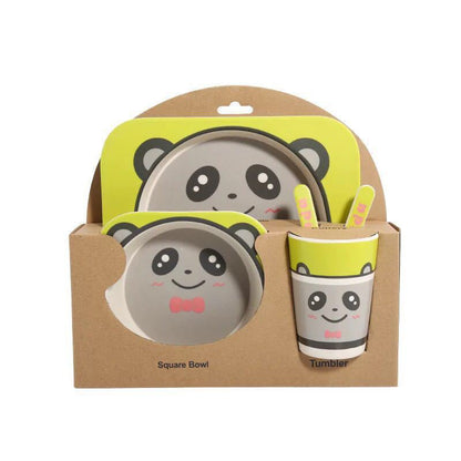 Children's tableware set with panda design in a cardboard packaging