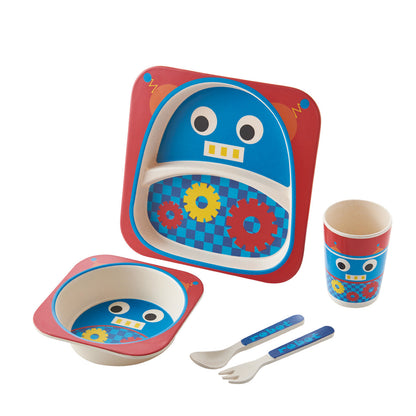 Children's robot-themed dinnerware set with plate, bowl, cup, and utensils on a white background