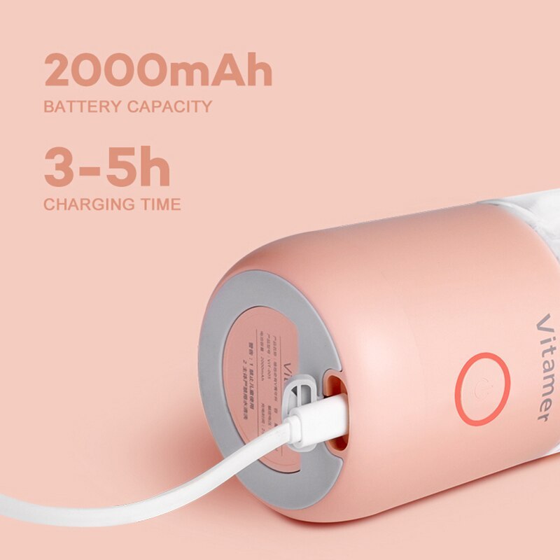 Pink portable charger with 'Vitamer' branding on a light pink background
